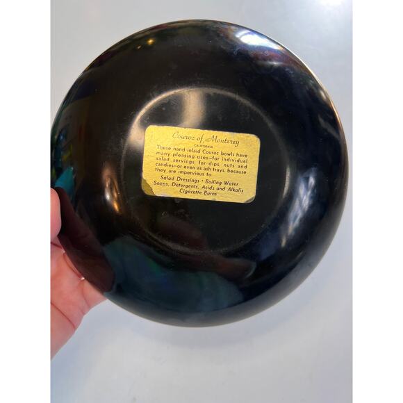 Vintage Couroc of Monterey Owl Inlay Bowl | MCM Black Resin Serving Dish 7.5" - Picture 6 of 9